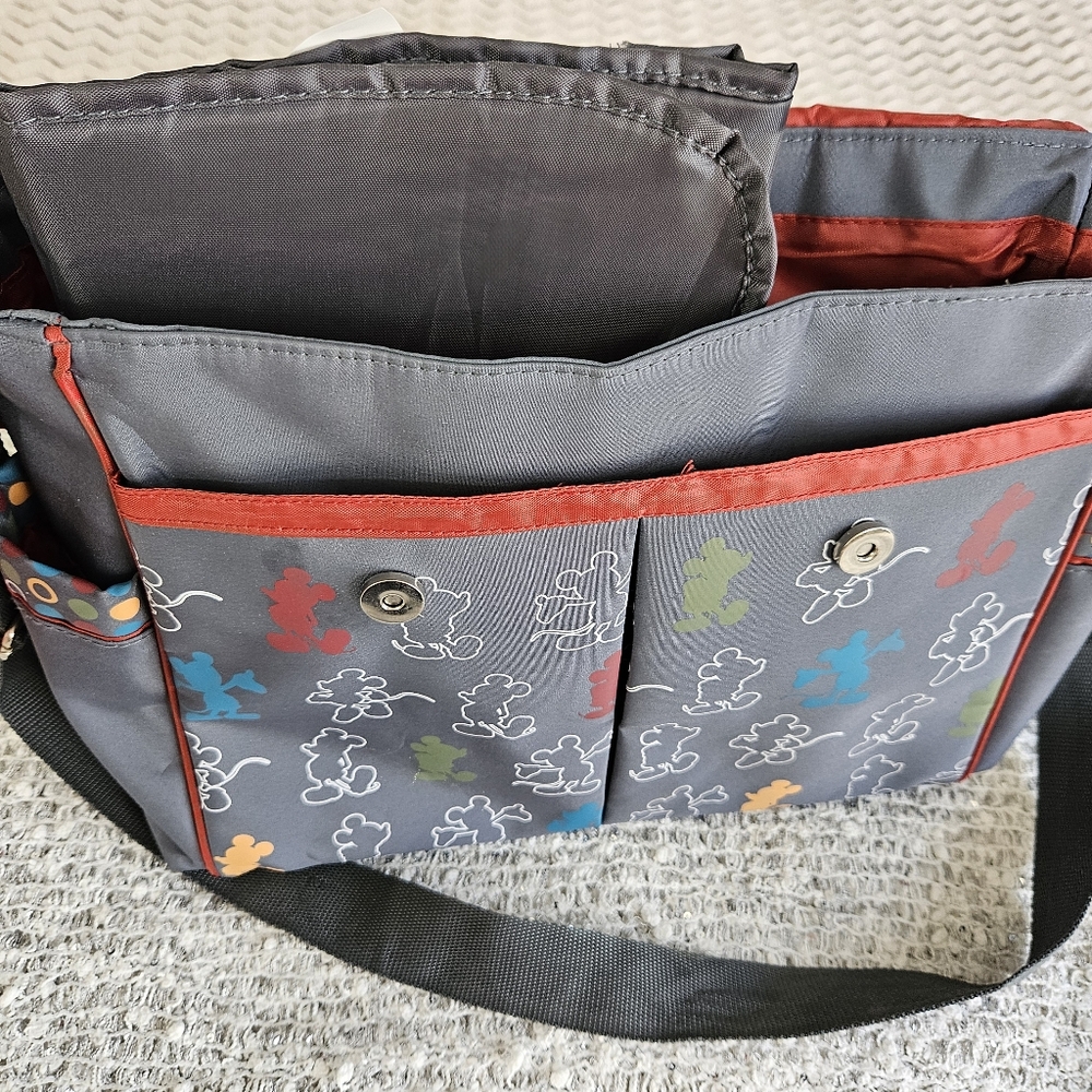 DISNEY Mickey Mouse Diaper Bag with Changing Mat, Adjustable Strap, Gray/Red - Picture 9 of 10